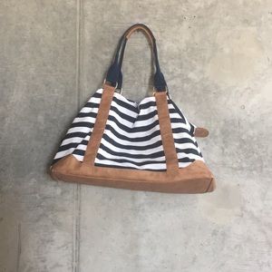 Merona Black & White Striped Canvas Travel Tote with Tan Trim